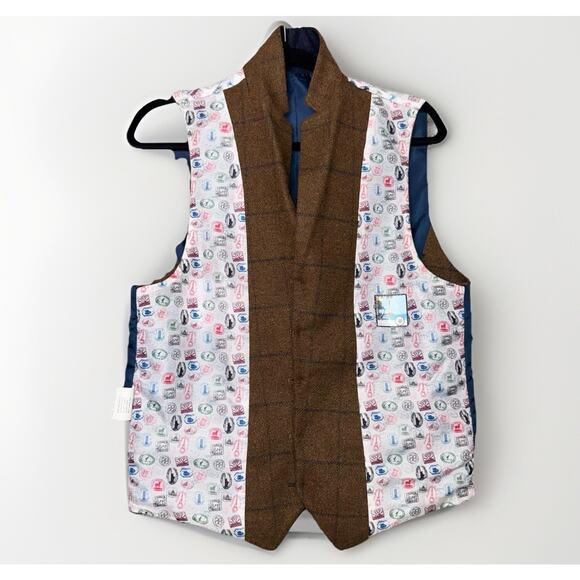 House of Cavani Wool Mix 38 Blazer Jacket Vest Waistcoat Brown Blue Plaid 2pc - Picture 10 of 13